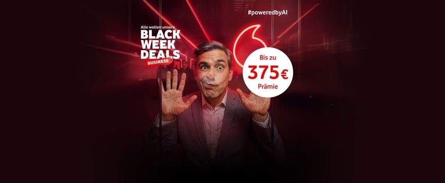 Vodafone Black Week-Deals Werbung mit rotem Hintergrund, Business-Angebot und Prämie bis zu 375 €, #poweredbyAI