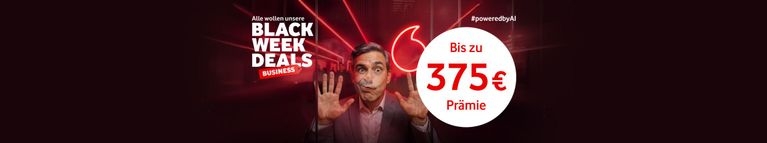 Vodafone Black Week-Deals Werbung mit rotem Hintergrund, Business-Angebot und Prämie bis zu 375 €, #poweredbyAI