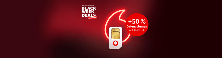 Vodafone Black Week-Deals mit SIM-Karte und +50 % Datenvolumen auf Tarife S-L, auf rotem Hintergrund mit Neon-Logo.