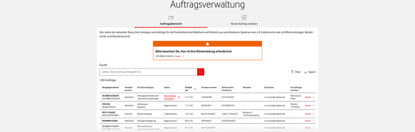 Auftragsübersicht Business Service Center