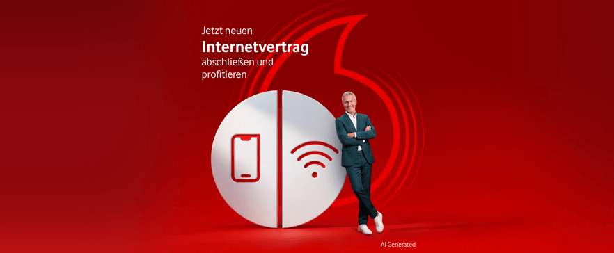 Werbemotiv für neuen Internetvertrag mit Smartphone- und WLAN-Symbol auf rotem Vodafone-Hintergrund.