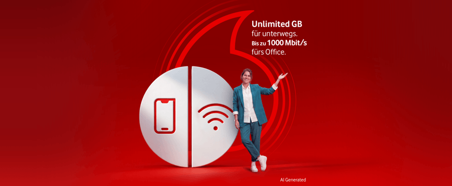 Kombi-Vorteil mit Smartphone- und WLAN-Symbol sowie Hinweis auf Unlimited GB fürs Office auf rotem Hintergrund.