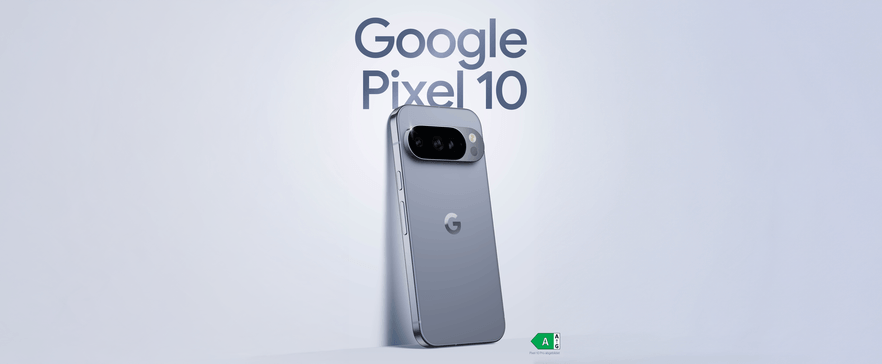Google Pixel 10 Pro Smartphone in grauer Farbe mit markanter Kameraeinheit, auf hellem Hintergrund präsentiert.