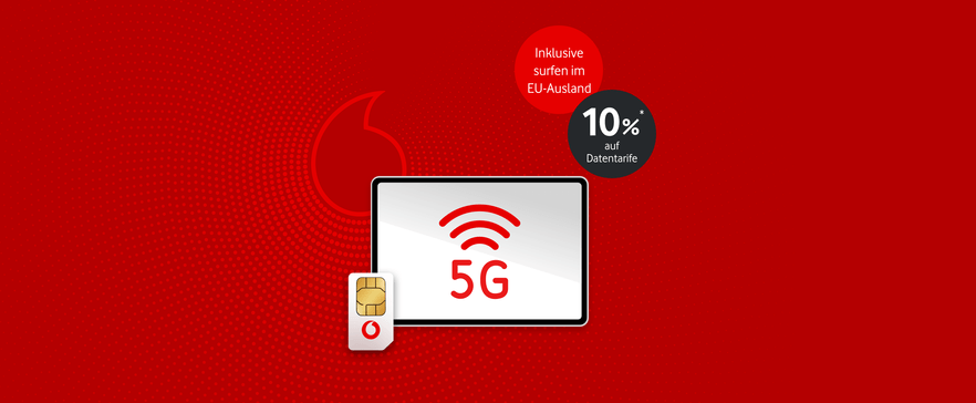 Werbebanner mit rotem Hintergrund, einer SIM‑Karte, 5G‑Symbol und Hinweis auf inklusive EU‑Ausland-Surfen sowie 10 % Rabatt auf Datentarife