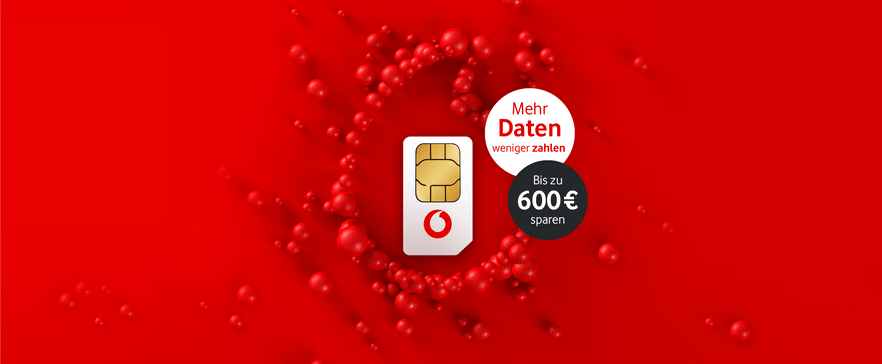 Vodafone SIM-Karte auf rotem Hintergrund, Werbung für mehr Daten und bis zu 480€ Ersparnis.