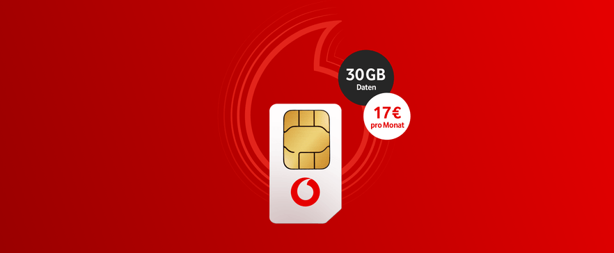 Vodafone SIM-Karte mit 30 GB Datenangebot für 17 € pro Monat auf rotem Hintergrund mit kreisförmigem Design.