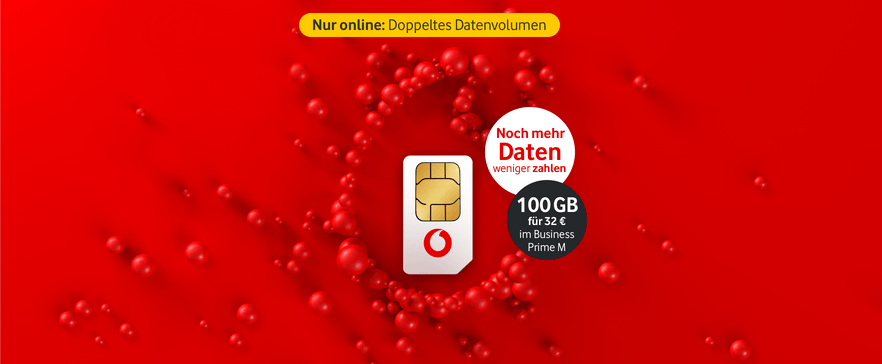 Vodafone SIM-Karte auf rotem Hintergrund mit Bubbles, Angebot: 100 GB für 32 € im Business Prime M Tarif, doppeltes Datenvolumen.