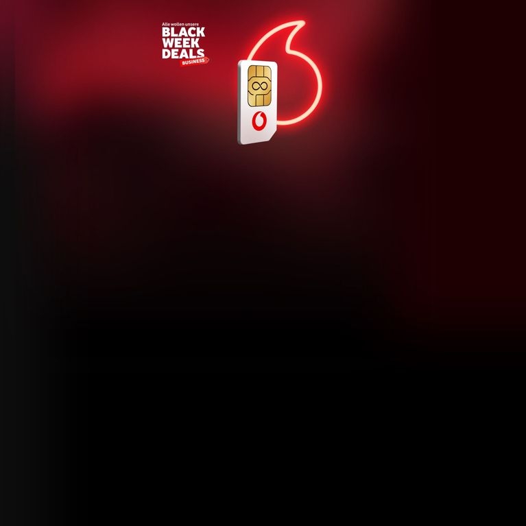 Vodafone SIM-Karte mit leuchtendem roten Logo vor dunklem Hintergrund, beworben als Teil der Black Week Deals für Business.