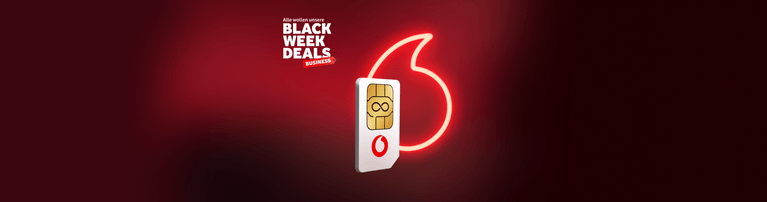 Vodafone SIM-Karte mit leuchtendem roten Logo auf dunkelrotem Hintergrund, beworben als Teil der Black Week Deals Business.