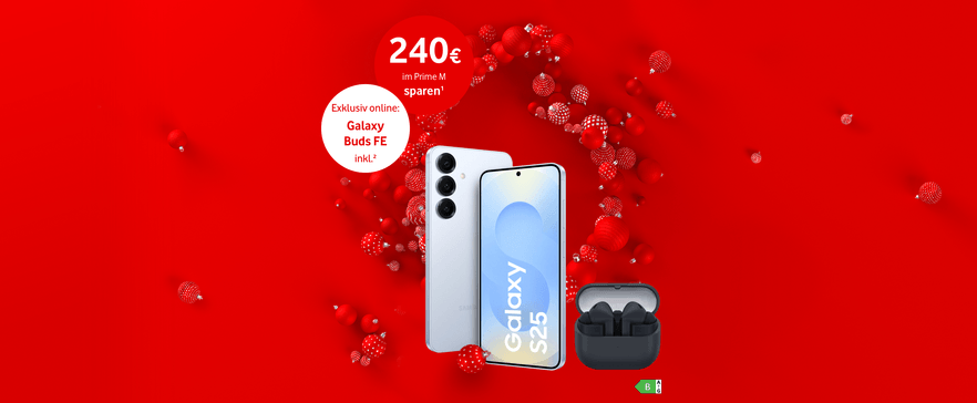 Werbeangebot: Samsung Galaxy S25 mit Galaxy Buds FE auf rotem Hintergrund, 240 € Ersparnis im Prime M Tarif.