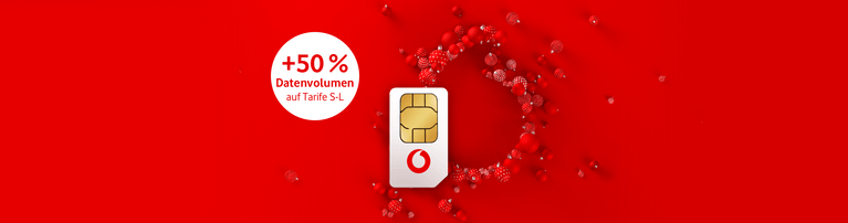 Vodafone SIM-Karte auf rotem Hintergrund mit Werbeaktion "+50 % Datenvolumen auf Tarife S-L" und dekorativen roten Partikeln.