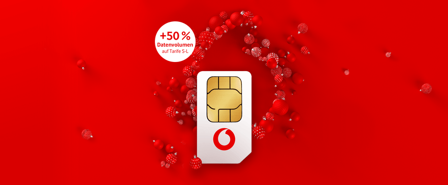 Vodafone SIM-Karte auf rotem Hintergrund mit dekorativen roten Kugeln und Werbeangebot "+50% Datenvolumen auf Tarife S-L"
