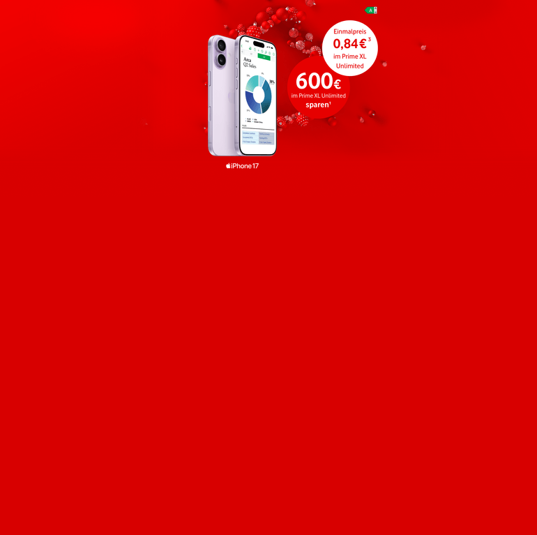 iPhone 17 auf rotem Hintergrund mit Angebot: Einmalpreis 0,84 € und 600 € Ersparnis im Prime XL Unlimited Tarif.