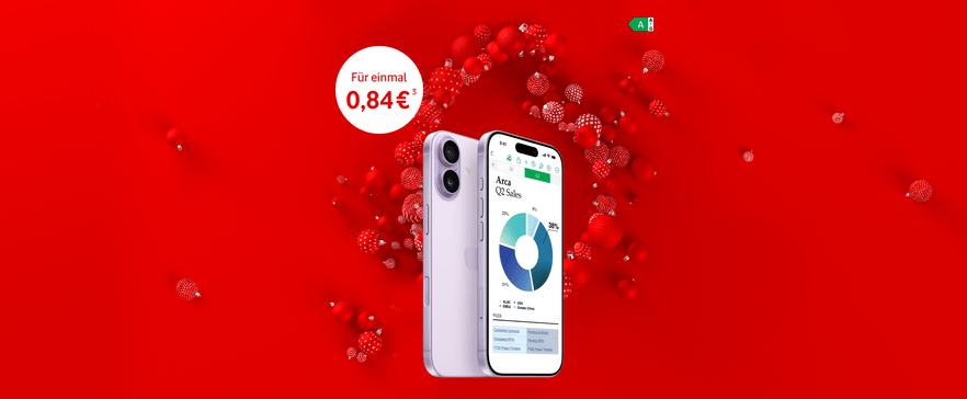 Weißes iPhone mit Diagramm-App auf rotem Hintergrund mit dekorativen Kugeln und Sonderpreis von 0,84 €.