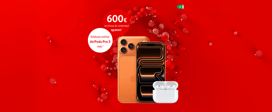 Goldenes Smartphone mit AirPods Pro 3 auf rotem Hintergrund, Werbeangebot "600 € im Prime XL Unlimited sparen"