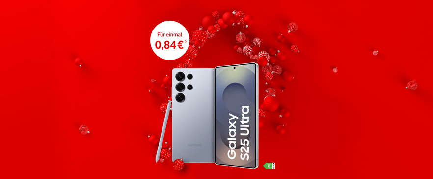 Samsung Galaxy S25 Ultra Smartphone mit Stift auf rotem Hintergrund mit dekorativen Kugeln, Sonderpreis 0,84 € einmalig.