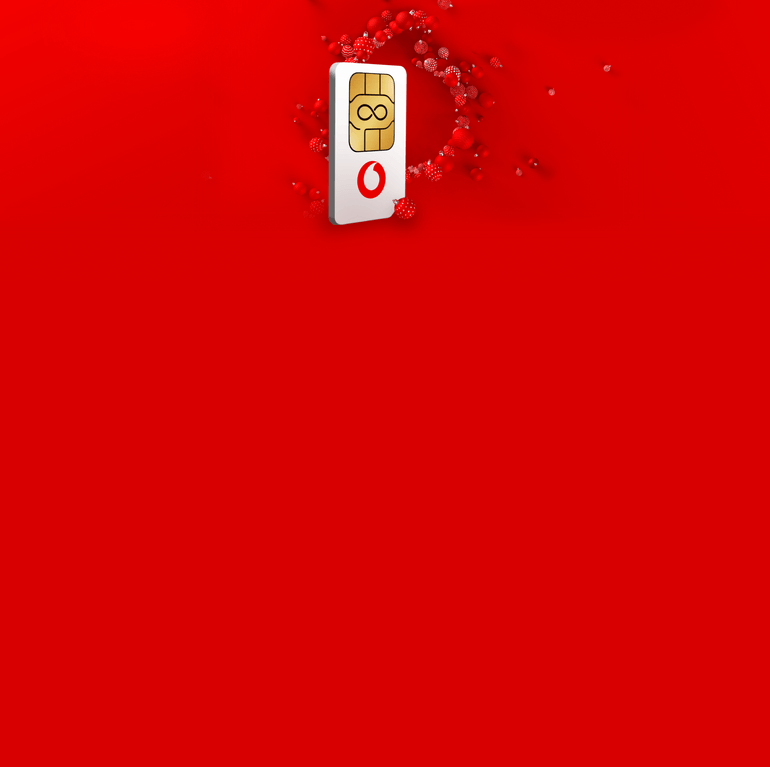 Vodafone SIM-Karte mit Unendlichkeitssymbol auf goldenem Chip, umgeben von roten Kugeln auf rotem Hintergrund.