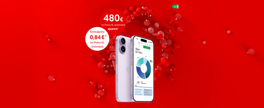 iPhone 17 mit Diagramm auf rotem Hintergrund, Werbeangebot für Prime XL Unlimited mit 480 € Ersparnis und 0,84 € Einmalpreis.