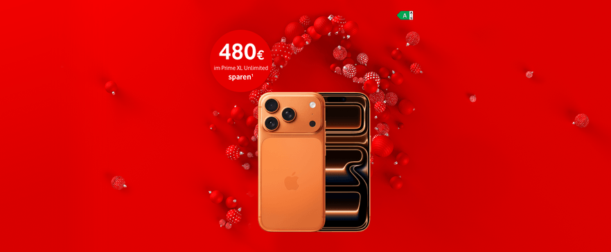 Goldenes Smartphone mit AirPods Pro 3 auf rotem Hintergrund, Werbeangebot "480 € im Prime XL Unlimited sparen"