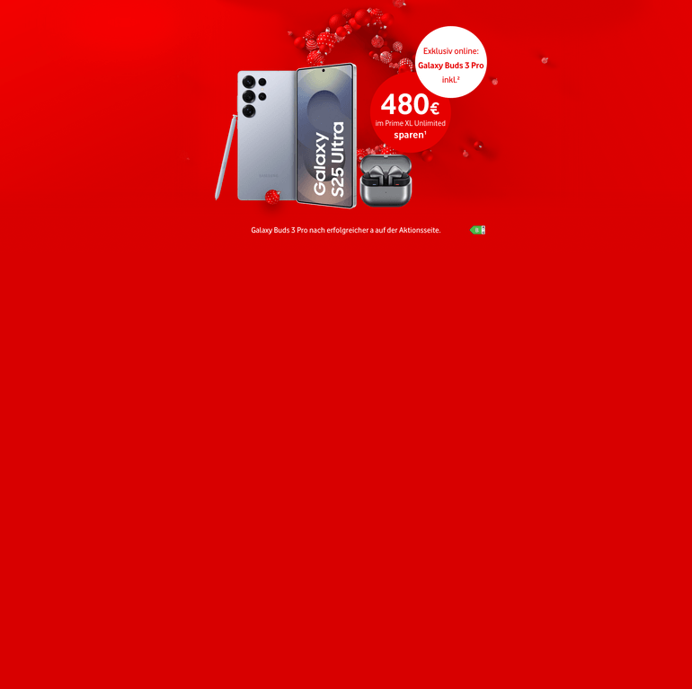 Samsung Galaxy S25 Ultra mit Stift auf rotem Hintergrund, Angebot mit Galaxy Buds 3 Pro für 480 € im Prime XL-Unlimited.