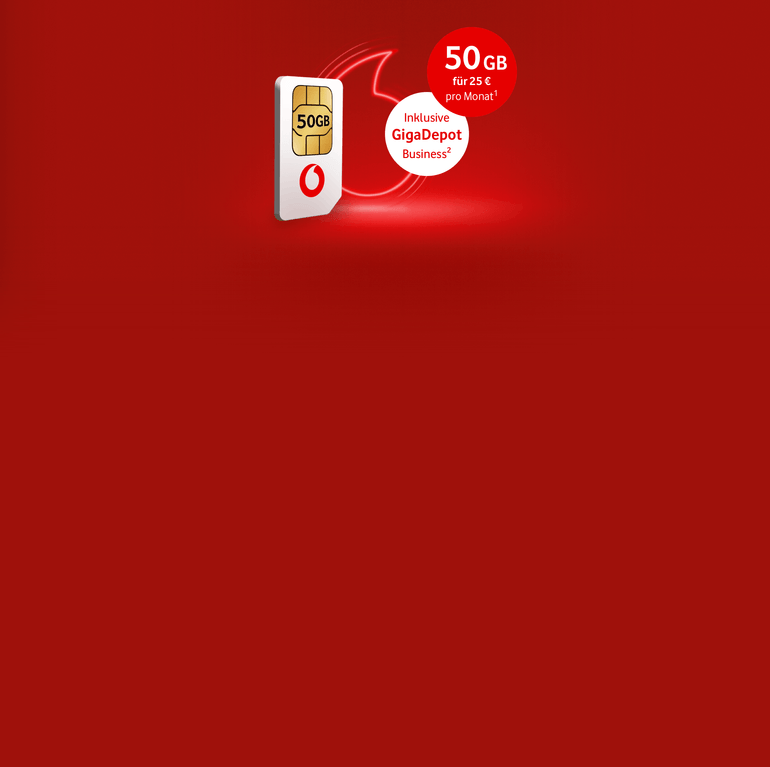 Vodafone SIM‑Karte mit 50‑GB‑Hinweis und GigaDepot‑Business‑Logo vor rotem Hintergrund.