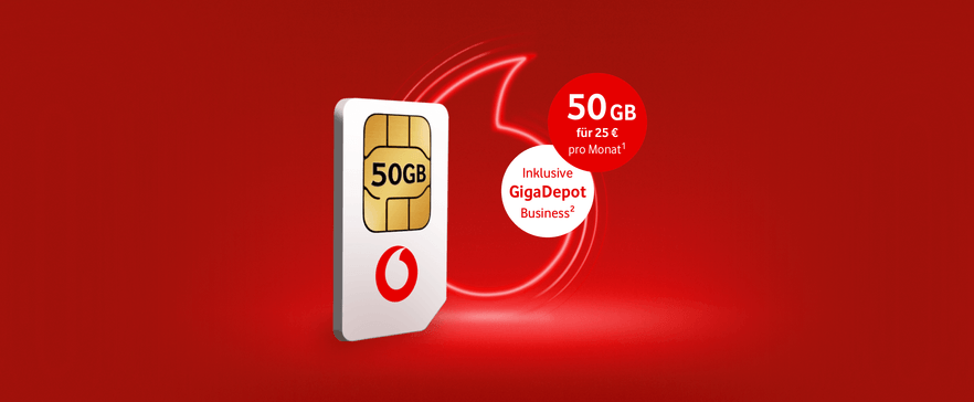 Vodafone SIM‑Karte mit 50‑GB‑Hinweis und GigaDepot‑Business‑Logo vor rotem Hintergrund