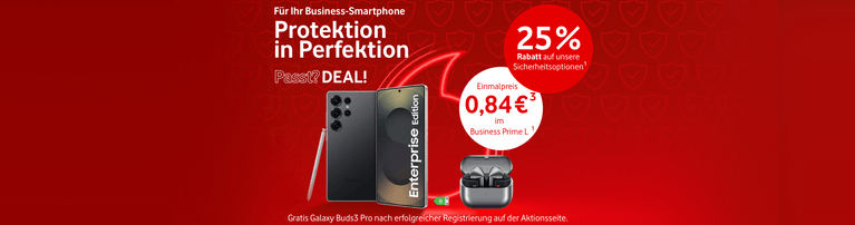Werbebanner für Business-Smartphone-Schutz mit 25 % Rabatt, Galaxy-Smartphone und Buds3 Pro als Gratisgeschenk auf rotem Hintergrund.
