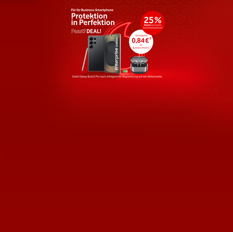Werbebanner für Business-Smartphone-Schutz mit 25 % Rabatt, Galaxy-Smartphone und Buds3 Pro als Gratisgeschenk auf rotem Hintergrund.