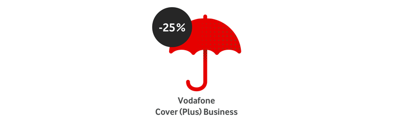 Roter Regenschirm mit 25 % Rabatt-Symbol für Vodafone Cover (Plus) Business Angebot.