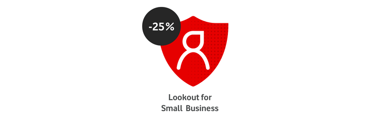 Rotes Schild mit weißem Symbol und 25 % Rabatt-Anzeige für "Lookout for Small Business" Sicherheitslösung.