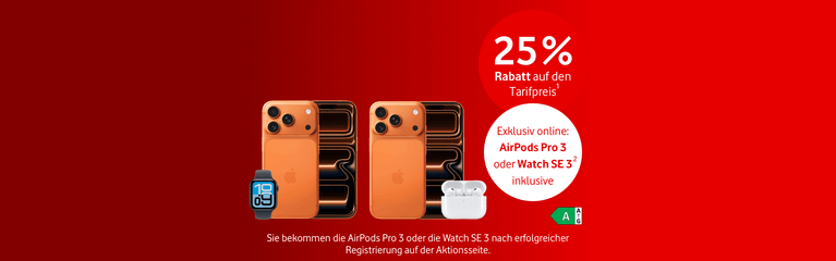 Zwei orange iPhones mit 25 % Rabatt-Angebot, inklusive AirPods Pro 3 oder Watch SE 3 nach Registrierung.