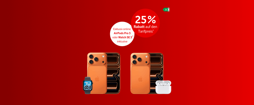 Zwei orange iPhones mit 25 % Rabatt-Angebot, inklusive AirPods Pro 3 oder Watch SE 3 nach Registrierung.