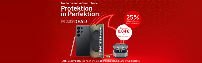 Werbebanner für Business-Smartphone-Schutz mit 25 % Rabatt, Galaxy-Smartphone und Buds3 Pro als Gratisgeschenk auf rotem Hintergrund.