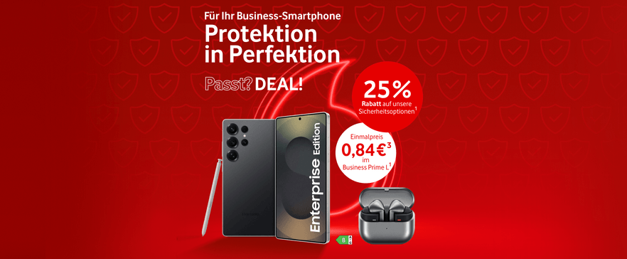 Werbebanner für Business-Smartphone-Schutz mit 25 % Rabatt, Galaxy-Smartphone und Buds3 Pro als Gratisgeschenk auf rotem Hintergrund.