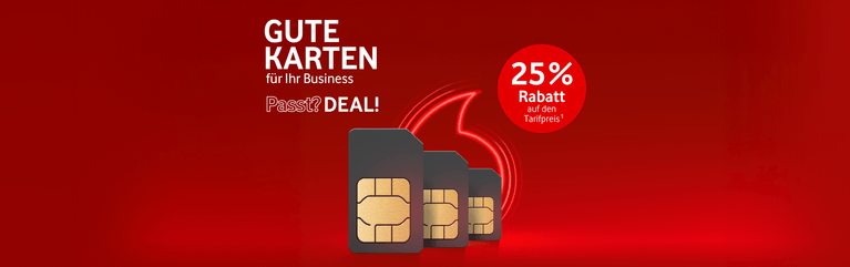 Werbebanner für Geschäftskunden mit drei SIM-Karten auf rotem Hintergrund, 25 % Rabatt auf den Tarifpreis angeboten.