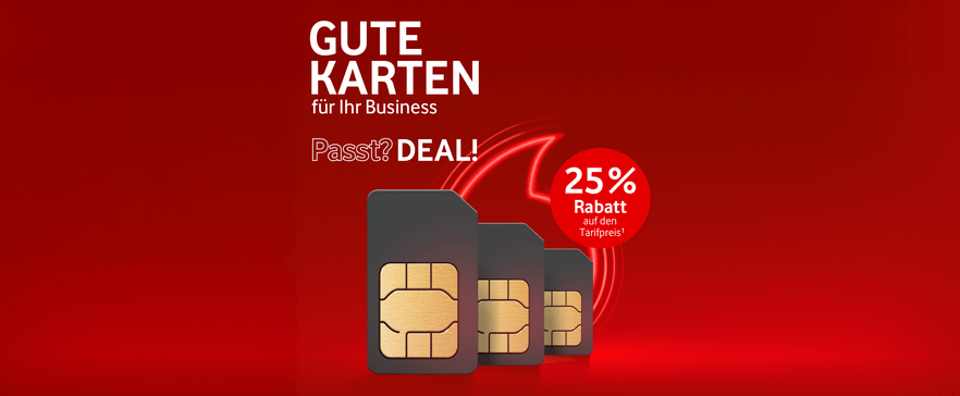 Werbebanner für Geschäftskunden mit drei SIM-Karten auf rotem Hintergrund, 25 % Rabatt auf den Tarifpreis angeboten.