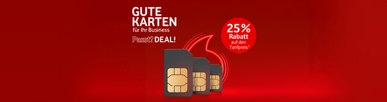 Werbebanner für Geschäftskunden mit drei SIM-Karten auf rotem Hintergrund, 25 % Rabatt auf den Tarifpreis angeboten.