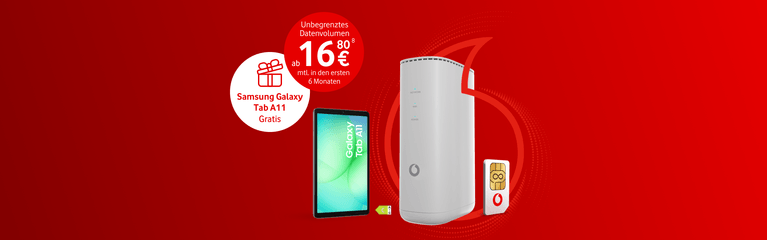 Vodafone-Angebot: Router, Tablet und SIM-Karte auf rotem Hintergrund. Unbegrenztes Datenvolumen ab 16,80 € mit Samsung Galaxy Tab A11 gratis.