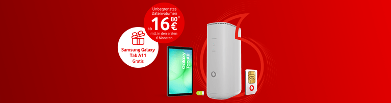 Vodafone-Angebot: Router, Tablet und SIM-Karte auf rotem Hintergrund. Unbegrenztes Datenvolumen ab 16,80 € mit Samsung Galaxy Tab A11 gratis.
