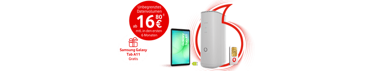 Vodafone-Angebot: Router, Tablet und SIM-Karte auf rotem Hintergrund. Unbegrenztes Datenvolumen ab 16,80 € mit Samsung Galaxy Tab A11 gratis.