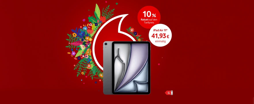 Abbildung des iPad Air in 11 Zoll, mit Hinweis auf 10 Prozent Tarifrabatt