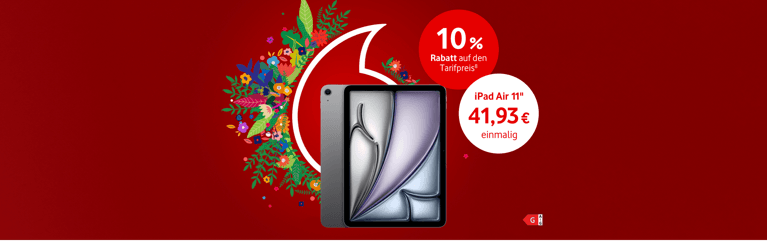 Abbildung des iPad Air in 11 Zoll, mit Hinweis auf 10 Prozent Tarifrabatt