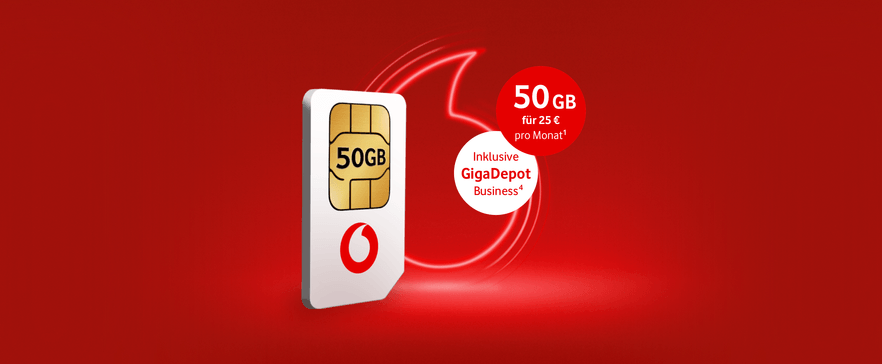 Vodafone SIM‑Karte mit 50‑GB‑Hinweis und GigaDepot‑Business‑Logo vor rotem Hintergrund