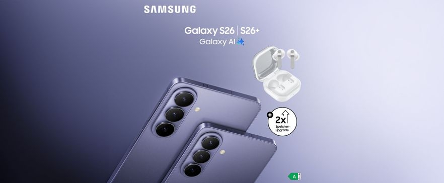 Samsung Galaxy S26 und S26+ Smartphones in Lila mit Galaxy AI, weiße Earbuds und Speicher-Upgrade-Symbol auf blauem Hintergrund.