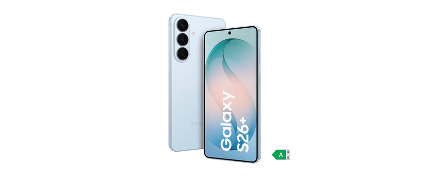 Hellblaues Samsung Galaxy S26+ Smartphone mit drei Kameras, gezeigt von vorne und hinten, mit Energieeffizienzlabel A.