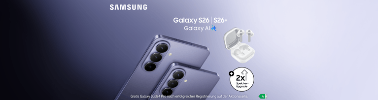 Samsung Galaxy S26 und S26+ mit Galaxy AI auf lila Hintergrund, daneben weiße Galaxy Buds4 Pro und Hinweis auf 2x Speicher-Upgrade.