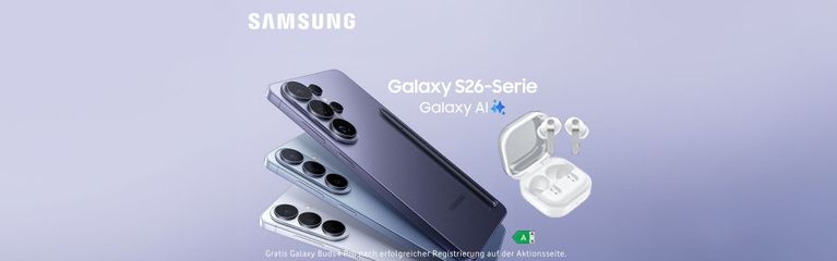Samsung Galaxy S26-Serie mit Galaxy AI, drei Smartphones in verschiedenen Farben und Galaxy Buds4 Pro als Bonus-Angebot.