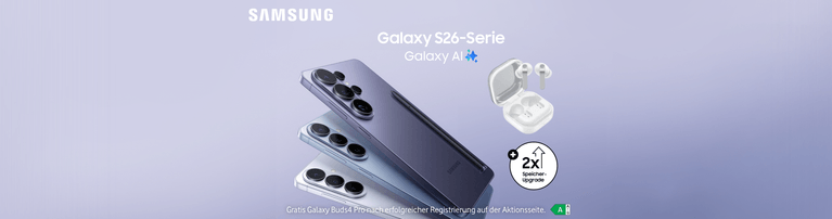 Samsung Galaxy S26-Serie und Galaxy AI mit drei Smartphones in verschiedenen Farben, Earbuds und 2x Speicher-Upgrade Angebot.