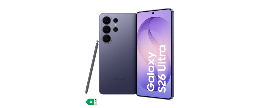 Lila Samsung Galaxy S26 Ultra Smartphone mit Stift, Dreifach-Kamera und violettem Display mit Produktlogo.