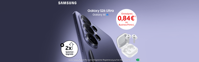 Samsung Galaxy S26 Ultra mit Galaxy AI für 0,84 € im Business Prime L, 2x Speicher-Upgrade und gratis Galaxy Buds4 Pro.